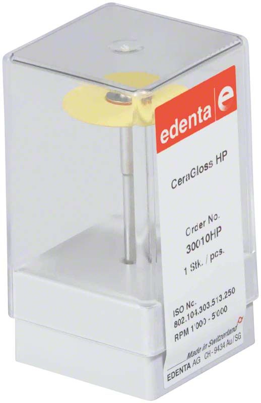Transparente Verpackung mit CeraGloss gelber Scheibe und edenta Logo.