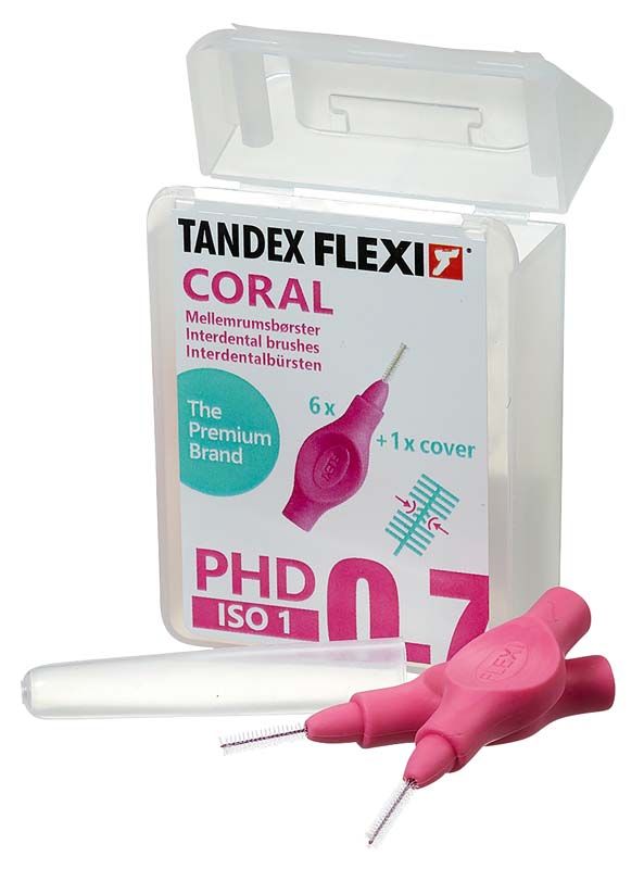 Interdentalbürsten Flexi in pink mit Schutzkappe und Verpackung.