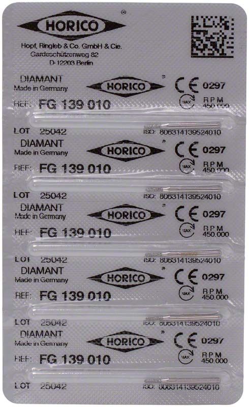 Blisterpackung mit Diamant FG 139 010 Schleifköpfen von Horico.