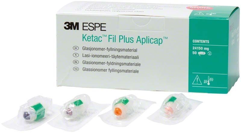 3M Ketac Fil Plus Aplicap 50er Packung mit vier Kapseln in verschiedenen Farben.