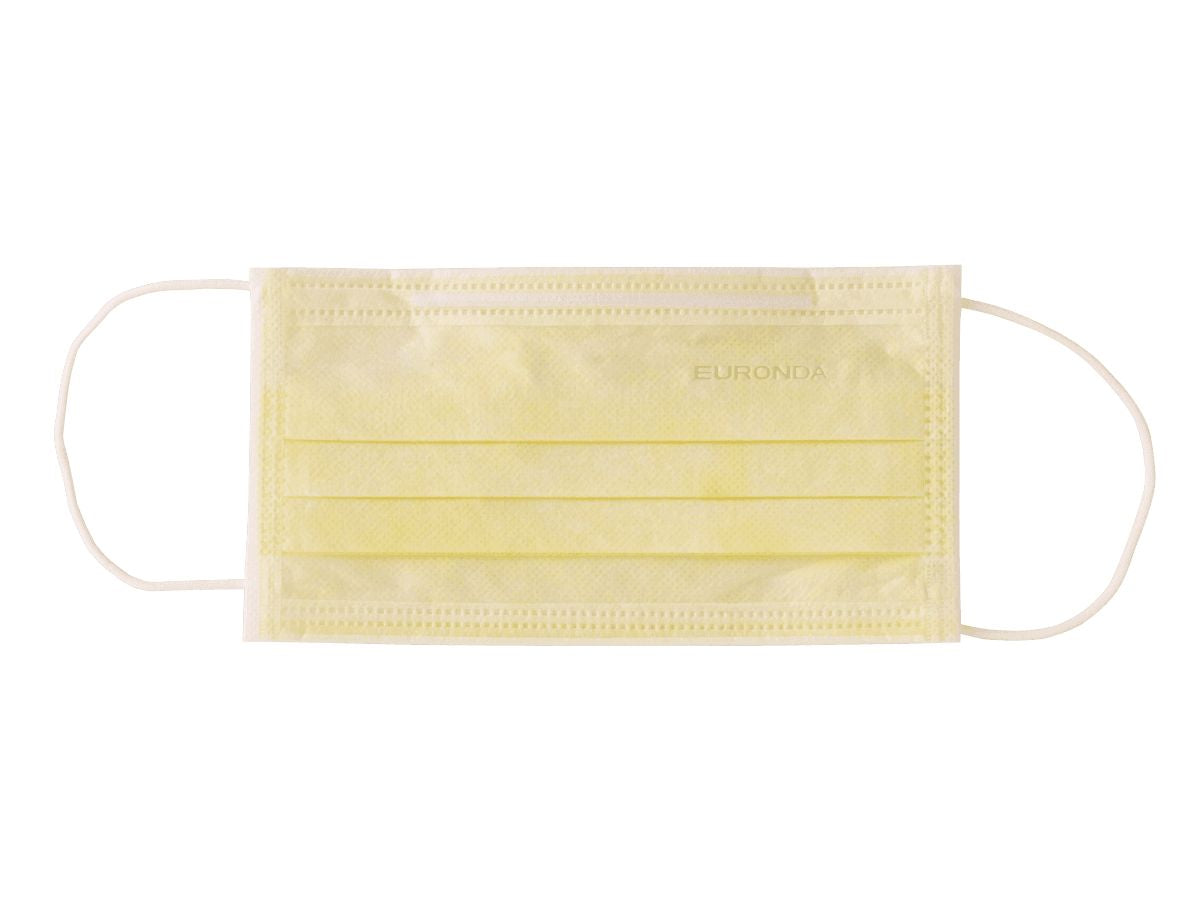 Gelber 3-lagiger Mund- und Nasenschutz mit elastischen Gummibändern.