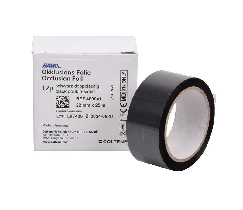 HANEL Okklusionsfolie doppelseitig, 22mm schwarz, vor Verpackung.