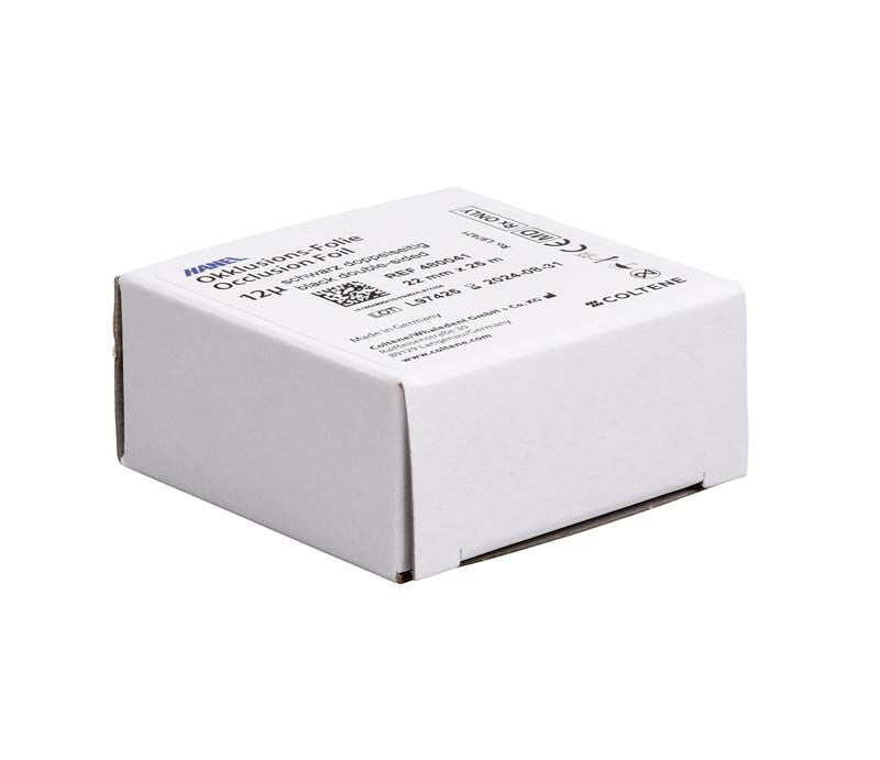 HANEL Okklusionsfolie doppelseitig, Verpackung mit Produktinformationen und Markenlogo.