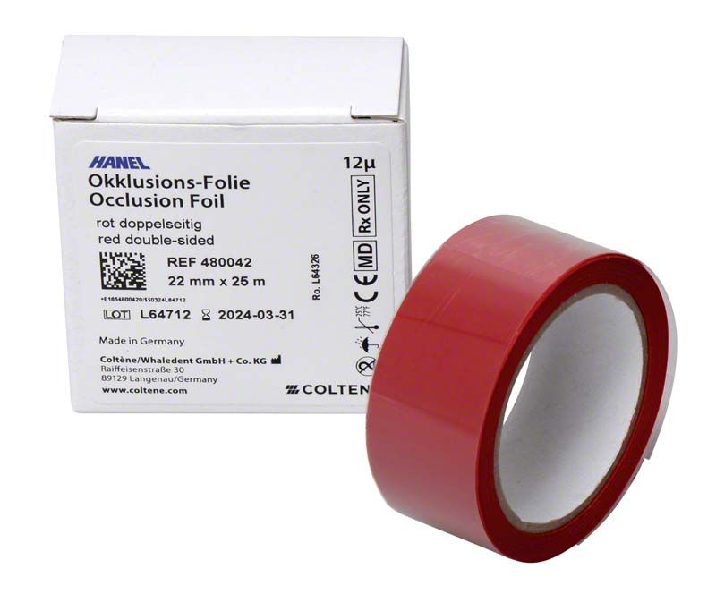 HANEL Okklusionsfolie doppelseitig, 22mm breit, rote Rolle und Verpackung.