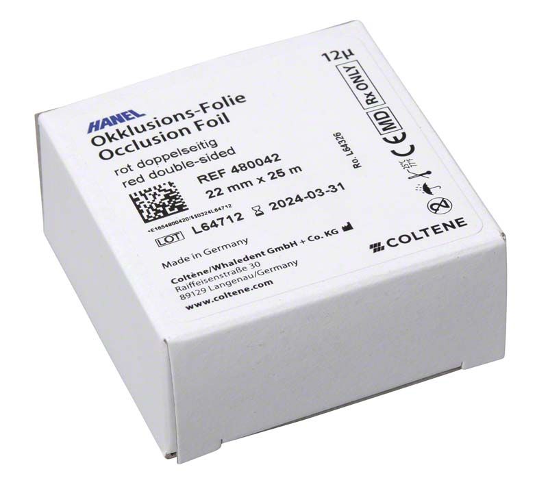HANEL Okklusionsfolie doppelseitig, 22mm, rote Verpackung mit Produktspezifikationen.