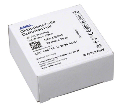 HANEL Okklusionsfolie doppelseitig, 22mm, rote Verpackung mit Produktspezifikationen.