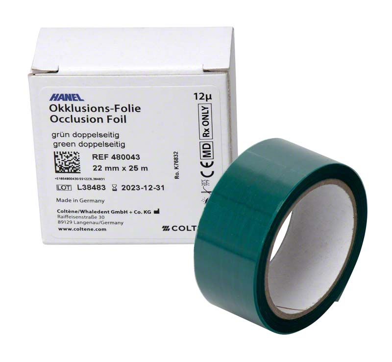 HANEL Okklusionsfolie doppelseitig 22 mm grün neben Verpackung.