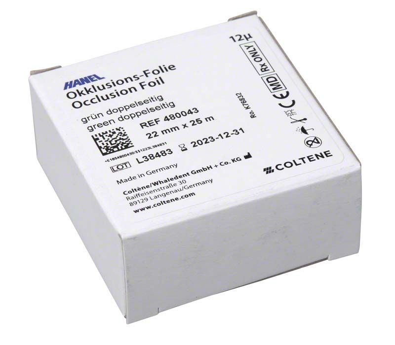 HANEL Okklusionsfolie doppelseitig 22 mm grün in weißer Verpackung.