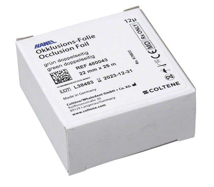 HANEL Okklusionsfolie doppelseitig 22 mm grün in weißer Verpackung.