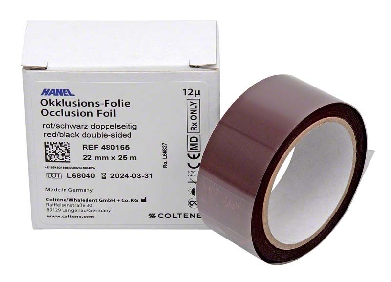 HANEL Okklusionsfolie doppelseitig, 22mm, schwarz/rot, vor Verpackung.