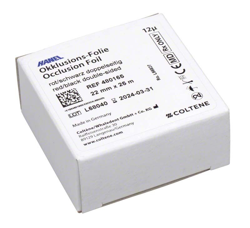 HANEL Okklusionsfolie 22mm schwarz/rot in weißer Verpackung von Coltene.
