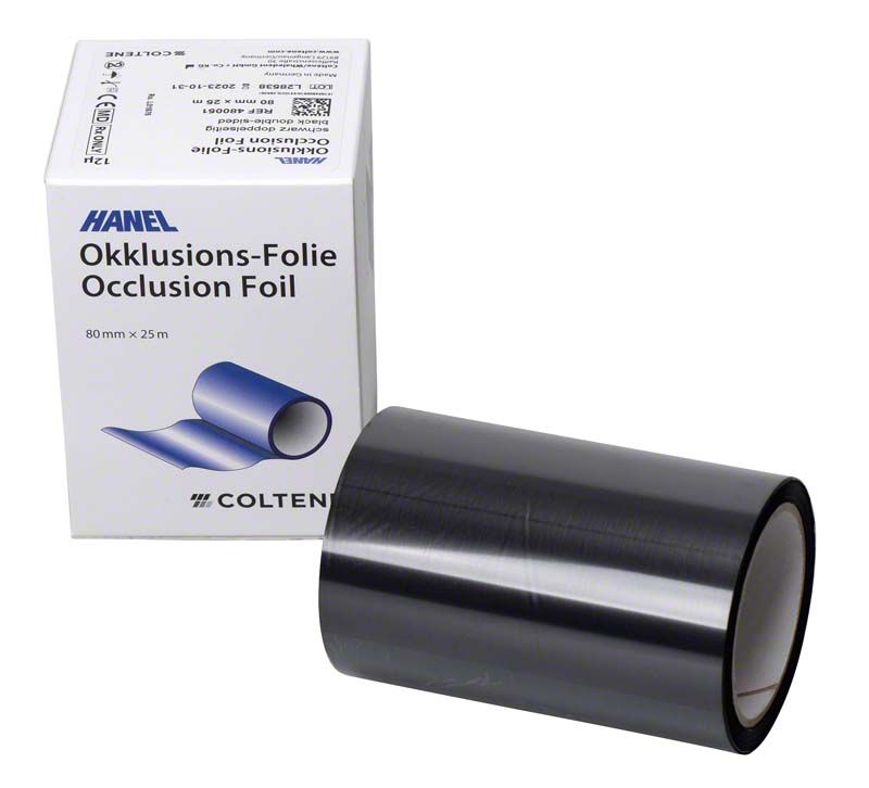 HANEL Okklusionsfolie doppelseitig 80mm 12µ schwarz neben Verpackung.