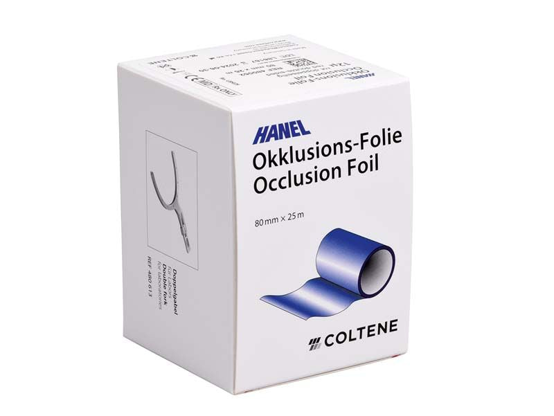 HANEL Okklusionsfolie doppelseitig 80mm 12µ rot in Verpackung mit Produktdetails.