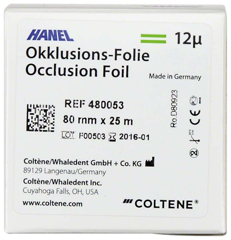 HANEL Okklusionsfolie doppelseitig 80mm 12µ in Verpackung.