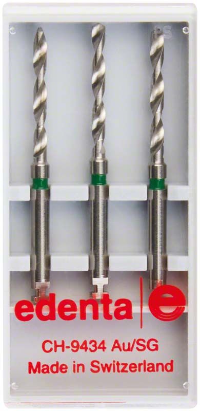 Drei lange Dentalbohrer von HeadMaster in Verpackung, hergestellt in der Schweiz.