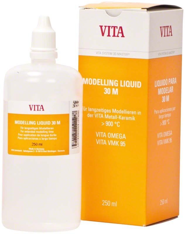 VITA Modellierflüssigkeit 30M 250ml mit Verpackung im Hintergrund.