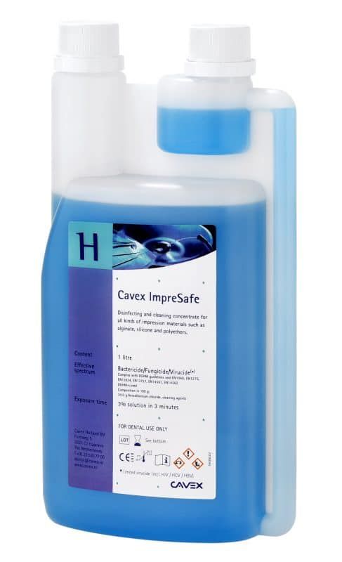 Cavex ImpreSafe 1000ml Desinfektionslösung in blauem Behälter mit Etikett.