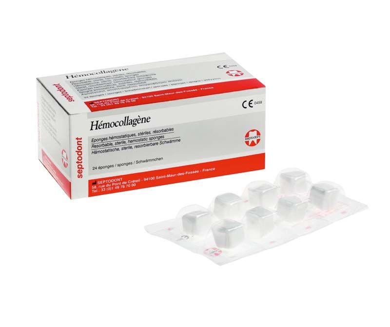 Hemocollagene Verpackung mit Tablettenblister für hämostatische Anwendung.