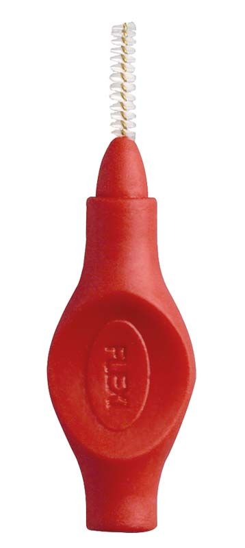 Rote Interdentalbürste mit flexiblem Griff und feiner Bürstenspitze.