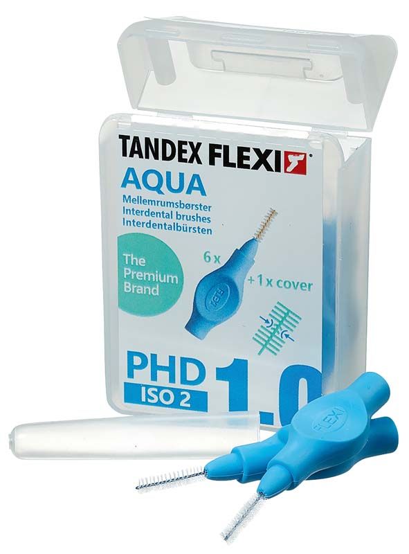 TANDEX Flexi Interdentalbürsten blau, 6 Stück mit Schutzkappe in Verpackung.