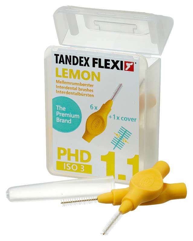 Interdentalbürsten Flexi gelb fine 6er mit Schutzkappe und Verpackung.