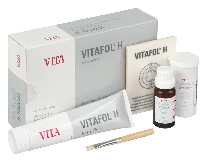 VITAFOL® H Laborsortiment mit Paste, Flüssigkeit und Pinsel.
