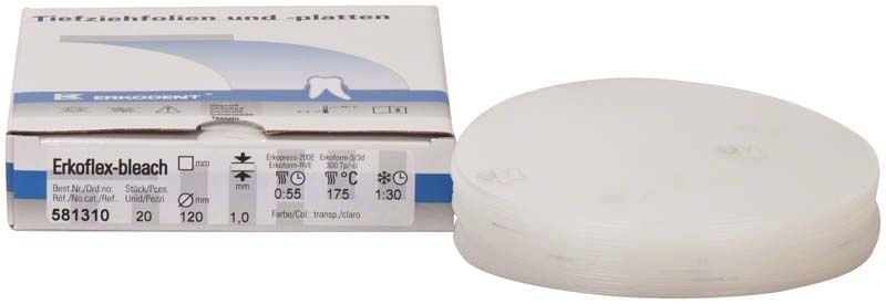 Erkoflex-bleach Kunststoffscheiben für dentalen Einsatz auf Verpackung.