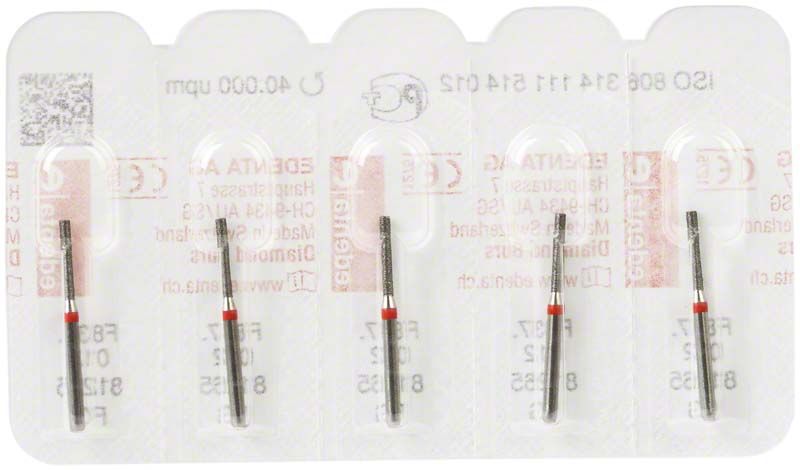 Diamantenschleifer FG 837F 012 in Blisterverpackung mit rotem Ring.