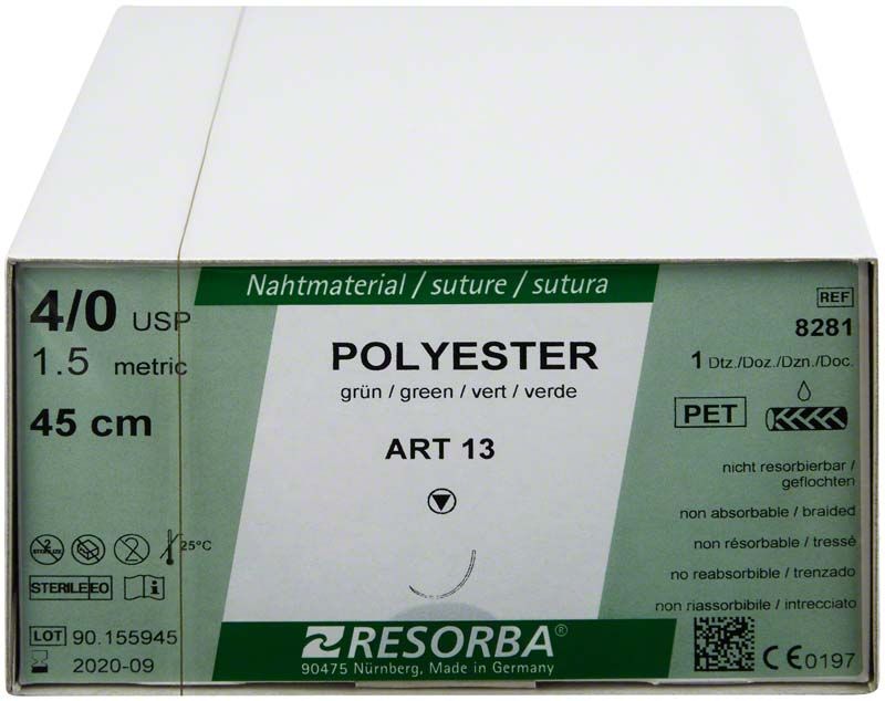 RESORBA® Polyester Nahtmaterial ART13 4/0 45cm Verpackungsvorderseite.