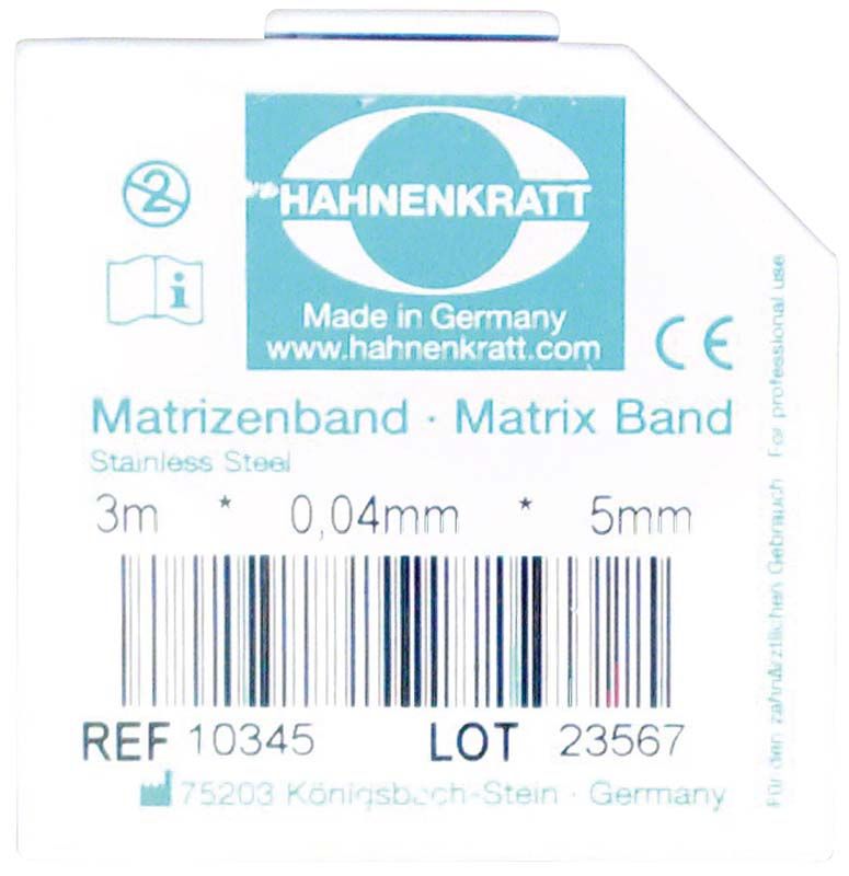Matrizenband-Verpackung mit Aufschrift 3m Länge, 0,04mm Stärke, 5mm Breite.