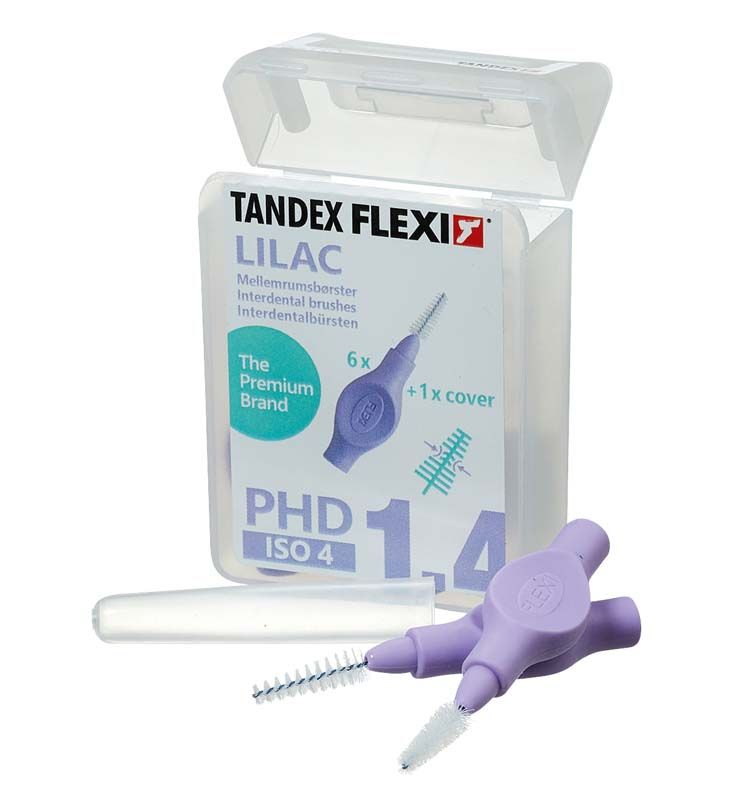 Verpackung der lila Interdentalbürsten Flexi x-fine konisch mit Schutzkappe.