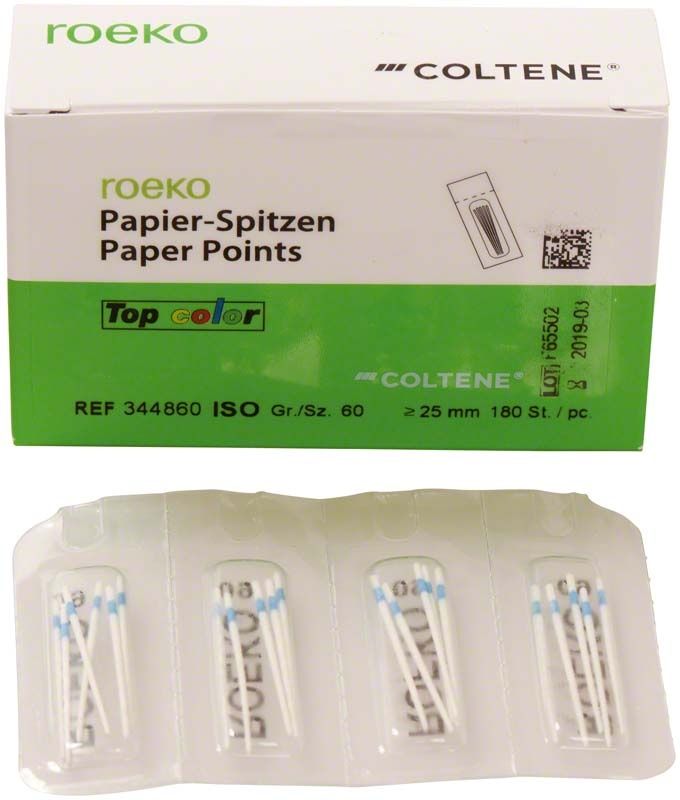 Weiße Verpackung der ROEKO Papierspitzen Top color Gr. 060 in Blau.
