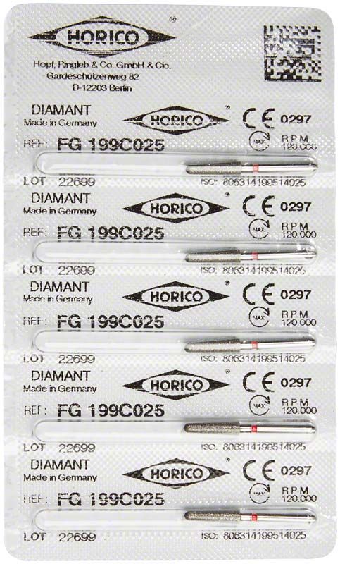 Blisterverpackung mit sechs Diamant FG 199C 025 Dentalbohrern.