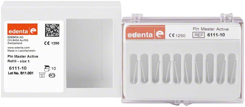 PinMaster Aktiv Titanstifte in Verpackung mit edenta-Logo.
