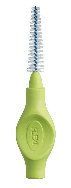 Grüne Interdentalbürste Flexi mit konischem Kopf und flexiblem Griff.