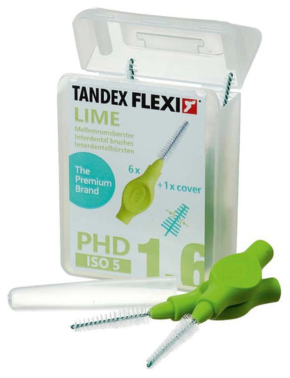 Tandex Flexi grüne Interdentalbürsten, konisch, mit Schutzhülle in Verpackung.