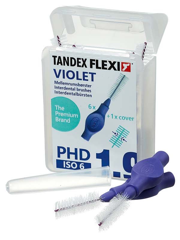 Tandex Flexi violett Interdentalbürsten mit Schutzkappe und Verpackung.