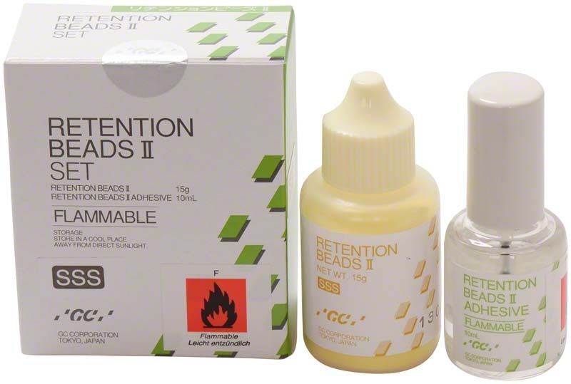 Retention Beads II Set mit Klebeflasche und Verpackung.