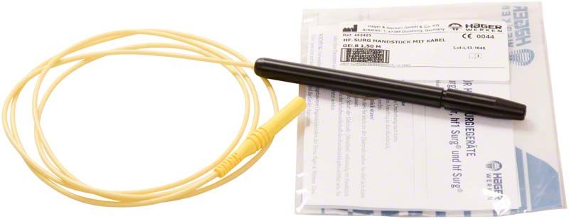 HF Surg Handstückgabel gelb mit 1,5m Kabel auf weißem Hintergrund.