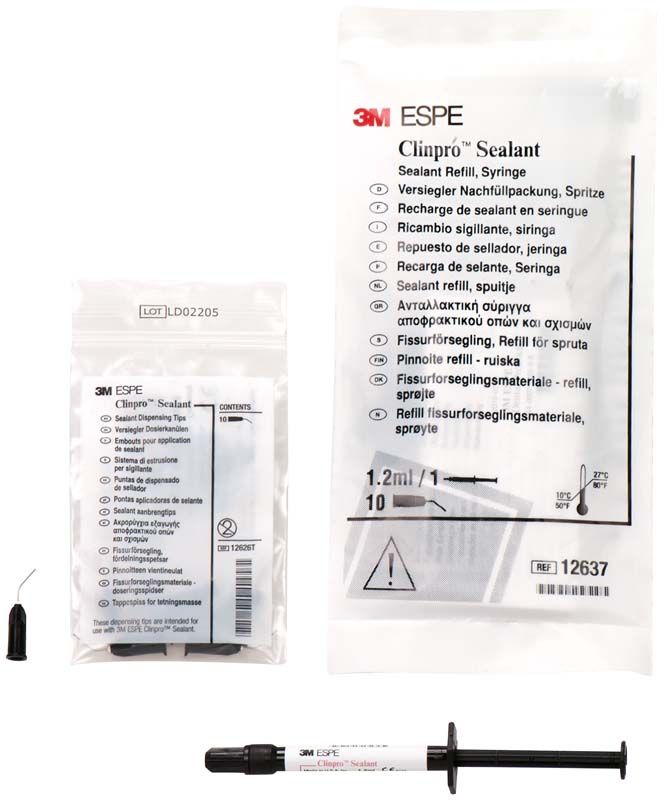 Clinpro™ Sealant Spritzen Refill mit Verpackung und Applikator auf weißem Hintergrund.