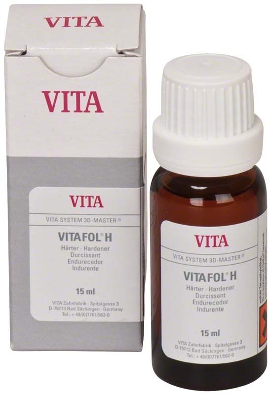 VITAFOL® H Härterflüssigkeit 15 ml Flasche neben Verpackung.