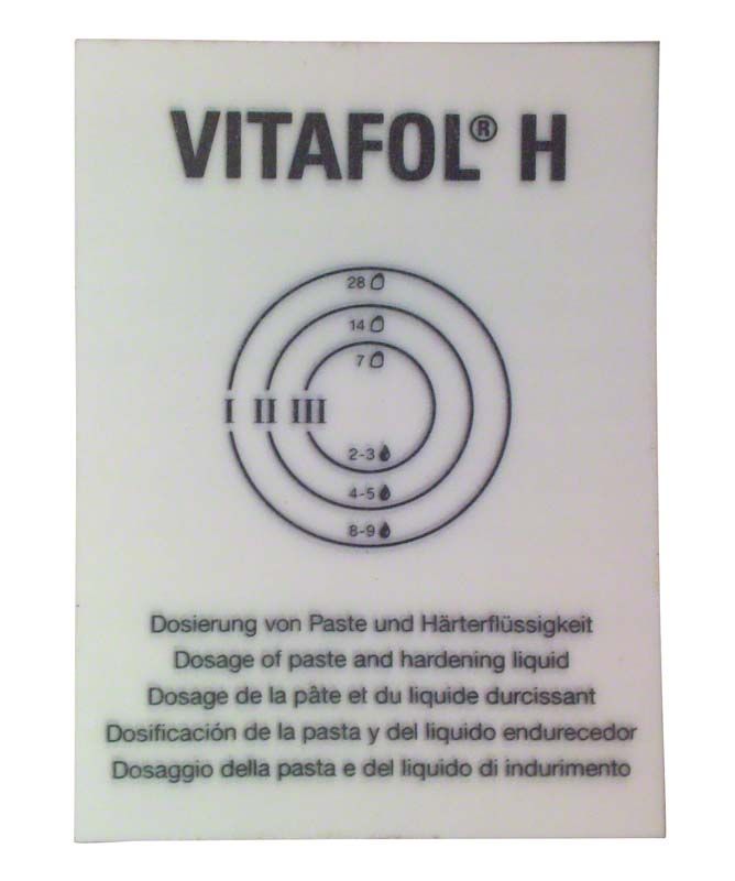 VITAFOL® H Anmischblock mit Dosierungsanleitung für Paste und Härterflüssigkeit.