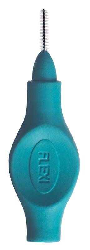Interdentalbürste Flexi mit türkisfarbenem, biegsamem Griff und feinen Borsten.