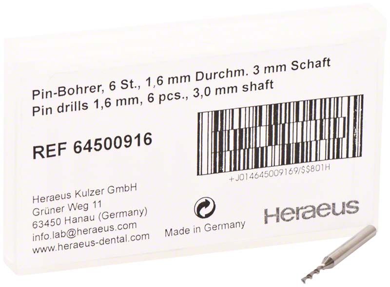 Pin-Bohrer Ø 1,6mm von Heraeus Kulzer in weißer Verpackung.