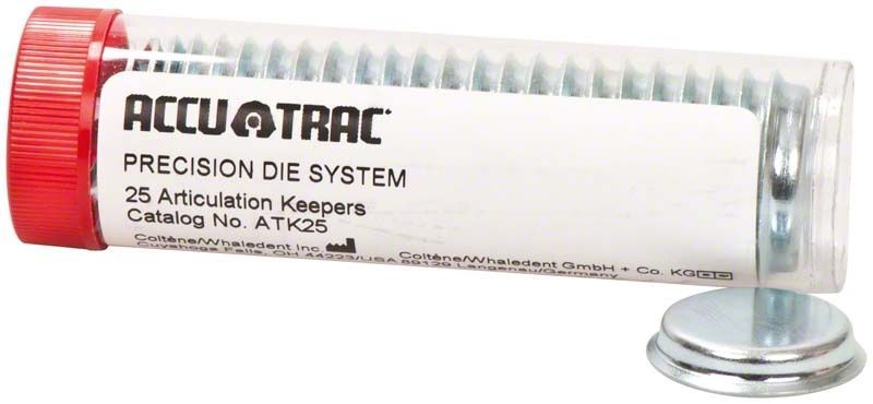 Accu-Trac Artikulatorplatten in Kunststoffröhre mit rotem Deckel.