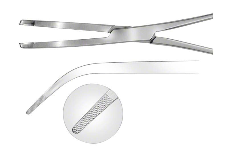 Provisorienzange Gutowski mit gezahnter Greiffläche und gebogenem Griff.