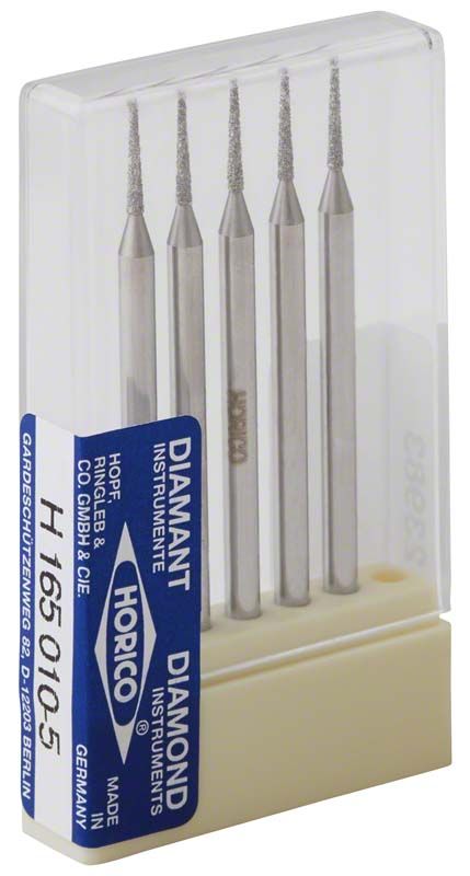 Diamantbeschichtete Dentalinstrumente in Kunststoffverpackung mit blauer Beschriftung.