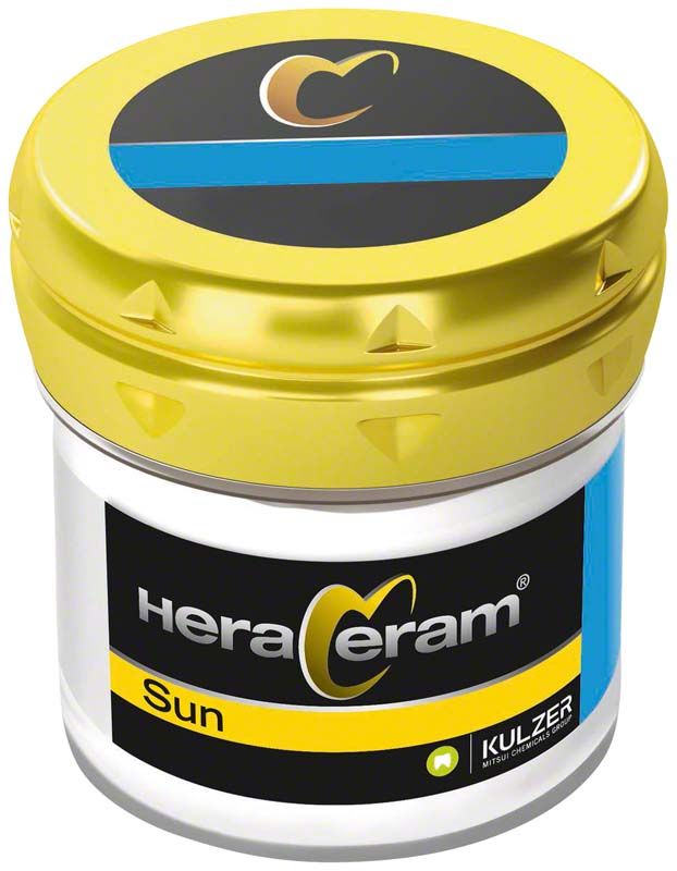HeraCeram® Sun Schneide 100g Zahntechnik-Porzellan in gelbem Behälter.