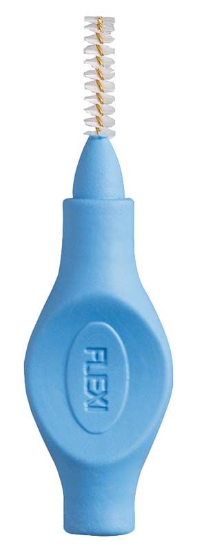 Interdentalbürste Flexi blau mit feinem Bürstenkopf und flexiblem Griff.