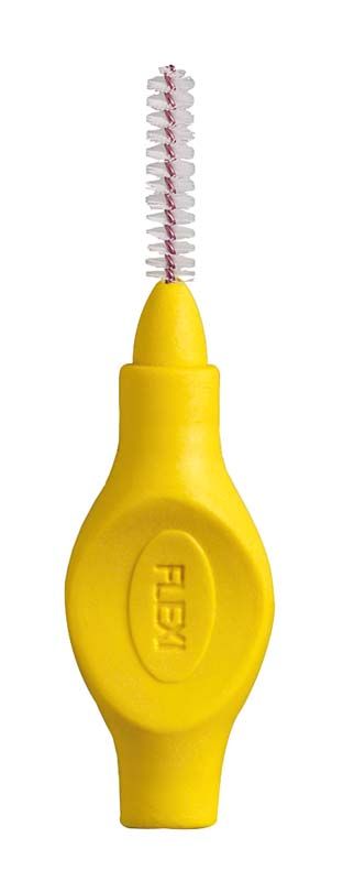 Gelbe Interdentalbürste Flexi von Tandex mit flexiblem Griff.